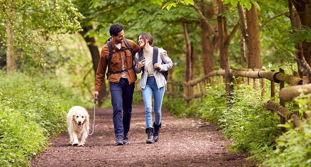 Couple walking with their dog on a lush green trail, highlighting the serene outdoor spaces within the Trillium Estates community
